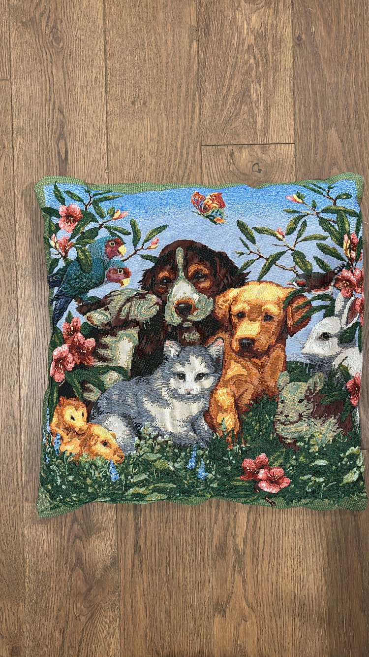 Tapestry Throw Pillow Animals Dog Cat Bunny Bird Butterfly Multicolor 16x16